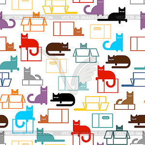 Cat in box pattern seamless. pet inside Carton - vector clipart