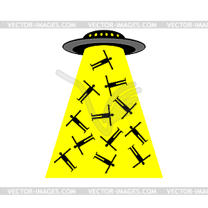 UFO abduct people. Flying saucer snatch man - vector EPS clipart