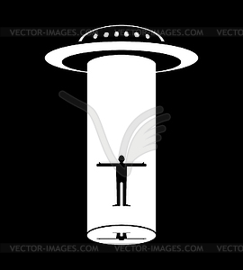 UFO abduct people. Flying saucer snatch man - vector image