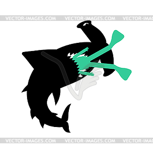 Hammerhead shark and diver. Marine predator ate - vector image