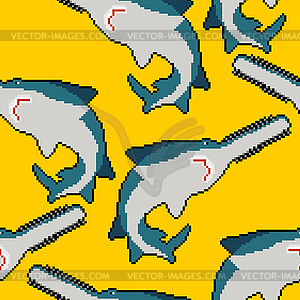 Sawfish pixel art pattern seamless. 8 bit marine - vector image