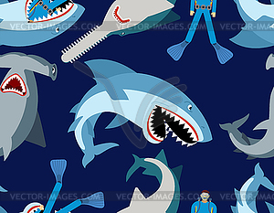 Shark and diver pattern seamless. Hammerhead shark - vector clip art