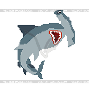 Hammerhead shark pixel art. 8 bit Fish hammer. - vector image