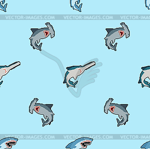 Shark set pixel art pattern seamless. Marine - vector image