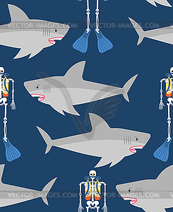 Shark and skeleton diver pattern seamless. Marine - vector image