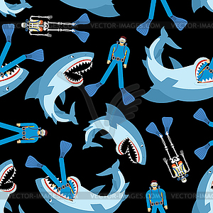 Shark and diver pattern seamless. Hammerhead shark - vector image