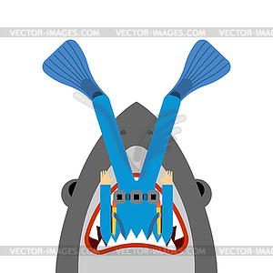 Shark and diver. Marine predator ate frogman. - vector image