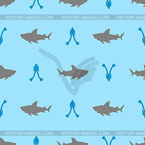 Shark and diver pattern seamless. Hammerhead shark - vector image