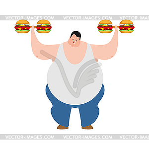 Fat man and hamburger dumbbells - vector clip art