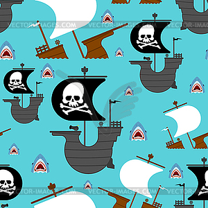 Pirate ship and shark pattern seamless. background - color vector clipart