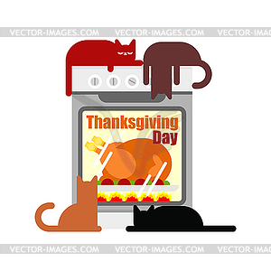 Thanksgiving Day. Turkey in kitchen oven. - vector clipart