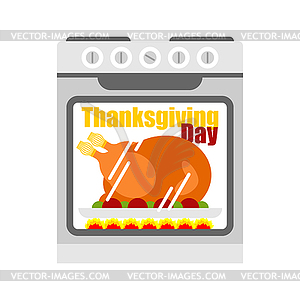 Thanksgiving Day. Turkey in kitchen oven. - vector clipart