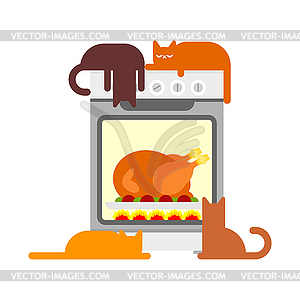 Cats and Turkey in kitchen oven. Preparing family - vector clipart