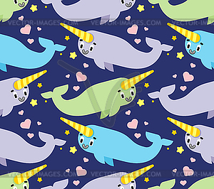 Cute narwhal pattern seamless. Cartoon small - royalty-free vector image