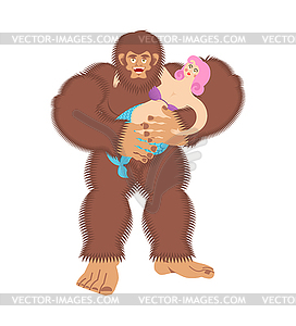Yeti and mermaid. Bigfoot holds mermaid in her arms - stock vector clipart