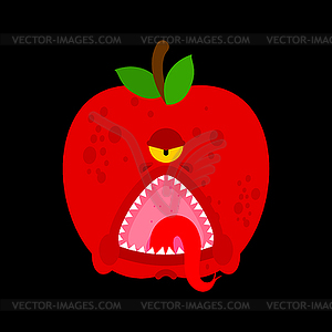Яблочный монстр-мутант ГМО. Злой фрукт с зубами. - векторный эскиз