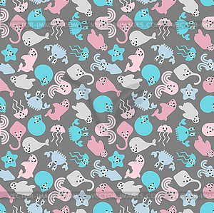 Cute sea animals pattern seamless. Cartoon sea worl - vector image