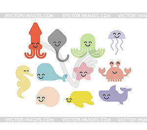 Cute sea animals set. Cartoon sea world animal. - vector image