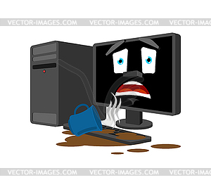 Cup of Coffee spilled computer. Spilled tea on - vector clipart