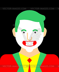 Clown in red suit and green hair. Sneaky grin. - vector clipart