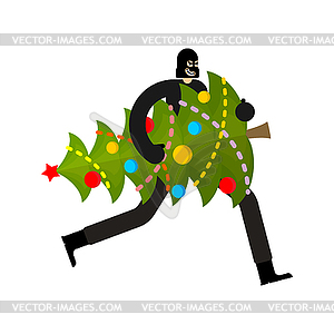 Thief stolen Christmas tree. Burglar Stole - vector image