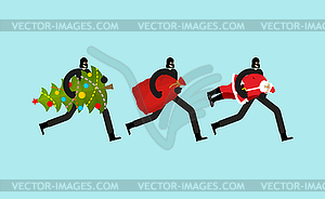 Thief stolen Christmas. Burglar Stole Santa and - vector image