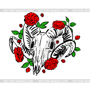 Goat skull and flower. Goat head skeleton And - vector clip art