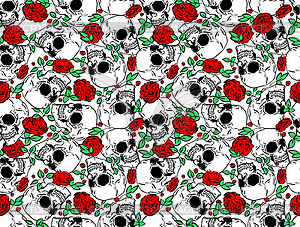 Skull and flower pattern seamless. Hand drawing - vector image