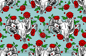 Goat skull and flower pattern seamless. Goat head - vector clip art