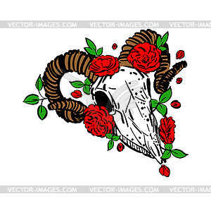 Goat skull and flower. Goat head skeleton And - stock vector clipart