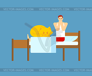 Cats on bed. Man and cats on bed - vector clipart