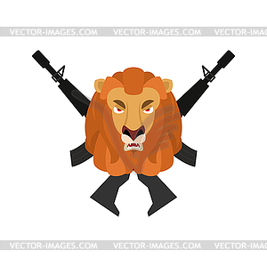 Lion head and machine guns. Hunter sign. Beast - vector image