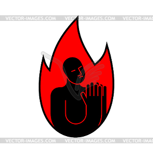 Sinner icon. Sinner in fire to repent. Man prays - vector clipart