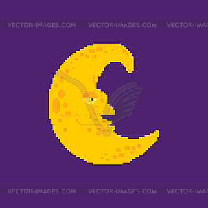 Crescent face pixel art. 8 bit Moon With Face. - vector image