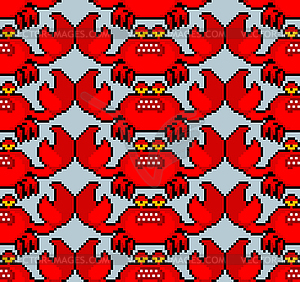 Crab pixel art pattern seamless. 8 bit sea cancer - vector image