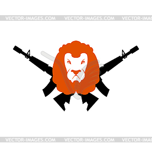 Lion head and machine guns. Hunter sign. Beast - vector image