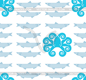 Octopus and fish pattern seamless. Nautical poulpe - vector image