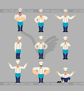 Chef set poses. Cook happy and yoga. sleeping and - vector image