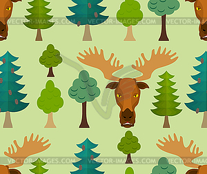 Elk in forest pattern seamless. Deer in forest tree - vector clipart