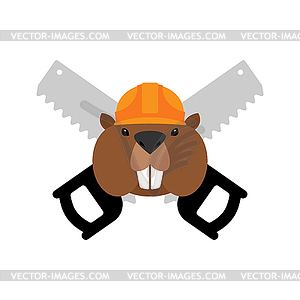 Beaver in helmets in saws. logo for logging company - vector clip art