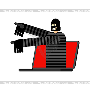 Thief in laptop. online robbery. Internet theft - vector image