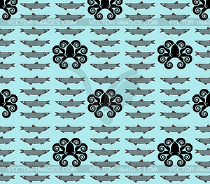 Octopus and fish pattern seamless. Nautical poulpe - vector clip art