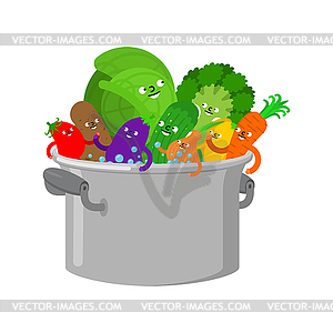 Vegetables in saucepan. Vegetarian soup. Vegan food - vector image