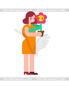 Happy woman with flower in pot - vector clipart