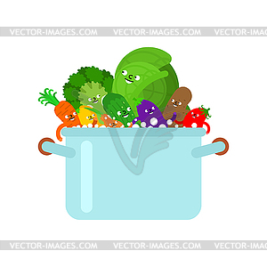 Vegetables in saucepan. Vegetarian soup. Vegan food - vector clipart