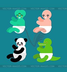 Little baby man and animal. Human child and alien. - vector clip art