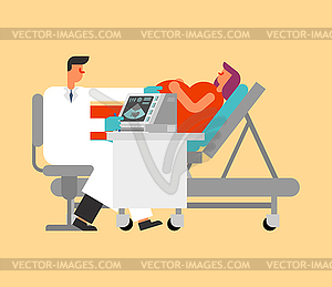 Pregnant woman on medical bed. ultrasound of abdome - vector image