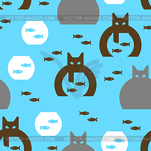 Cat and aquarium pattern seamless. Cat watching fis - vector image