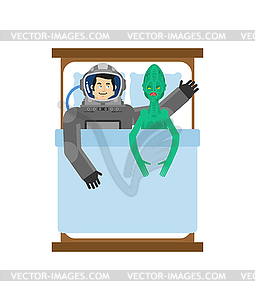 Astronaut and alien in bed after sex. concept of - vector clip art