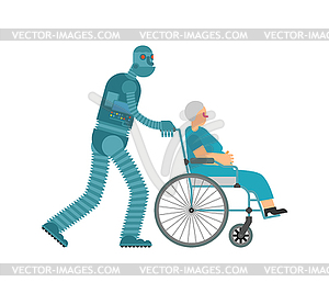 Robot nurse for pensioners. Cyborg helper helps - vector image